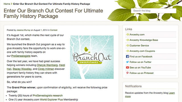 Ancestry.com: Branch Out Sweepstakes from Alliance Sweepstakes Promo Agency